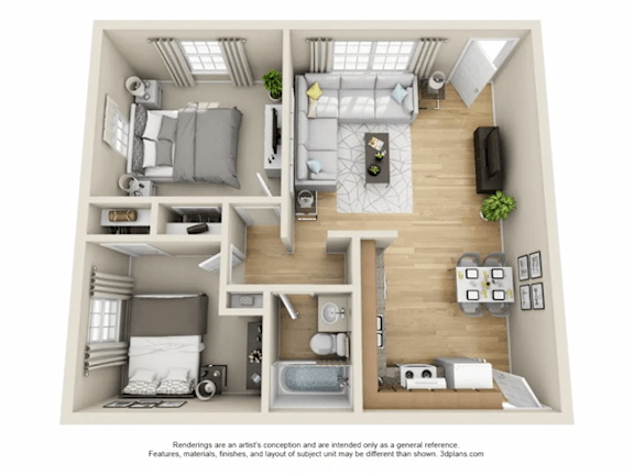 A 3D floor plan of a small apartment with a kitchen, living room, and bathroom.
