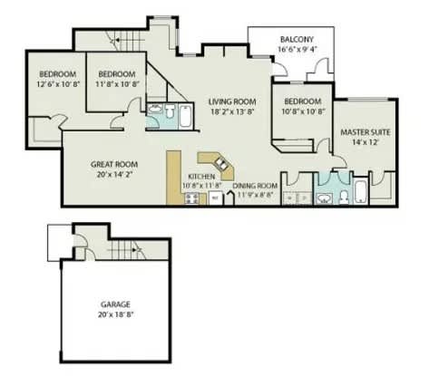 A floor plan of a house with a garage and a master suite.