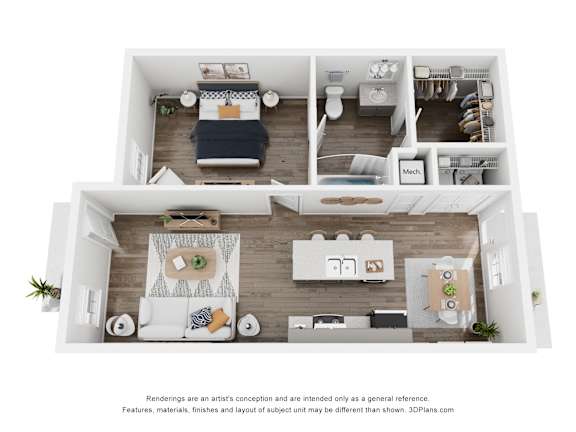 A 3D floor plan of a small apartment with a kitchen, living room, and bedroom.