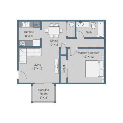 A floor plan of a house with a kitchen, dining room, living room, bathroom, and two bedrooms.