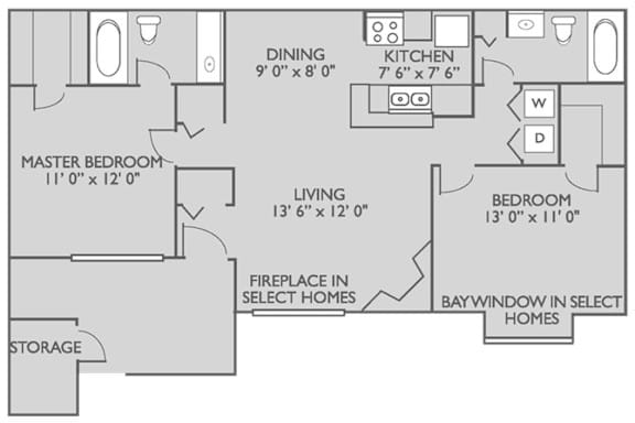 A floor plan of a home with a master bedroom, living room, dining room, kitchen, and two bedrooms.