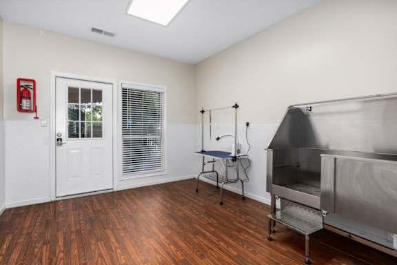 Pet-washing station with wood-look flooring at Summerchase at Riverchase in Hoover, Alabama