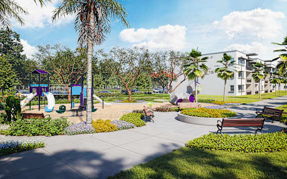 A playground with a slide and a purple structure.