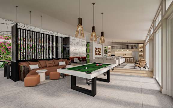 A room with a pool table and a bar.