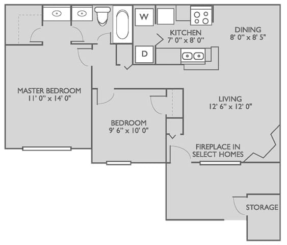 A floor plan of a home with a master bedroom, a living room, a dining room, a kitchen, a fireplace, and storage.