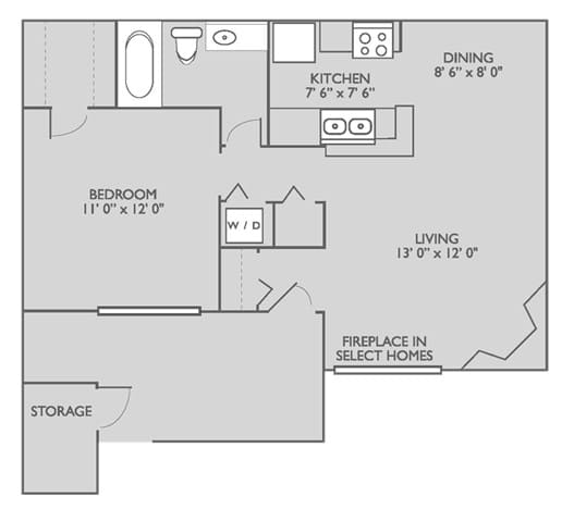 A floor plan of a home with a living room, dining room, kitchen, bedroom, and storage space.