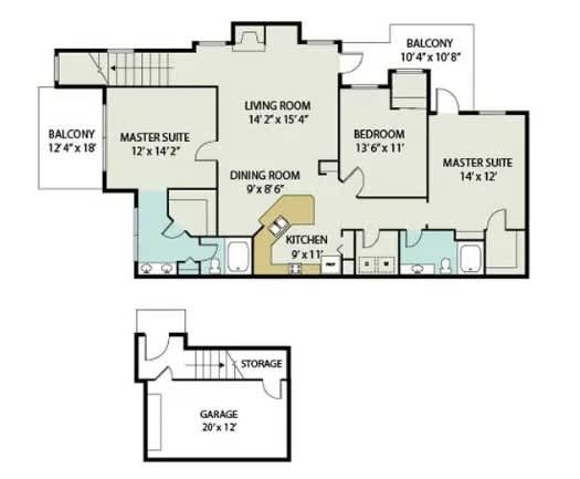 A floor plan of a house with a garage and a master suite.