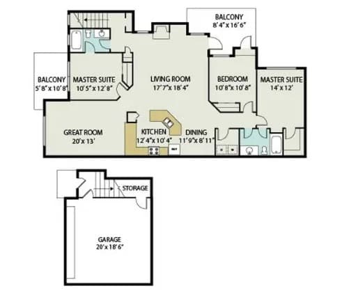A floor plan of a house with a living room, two bedrooms, a garage, and a dining area.