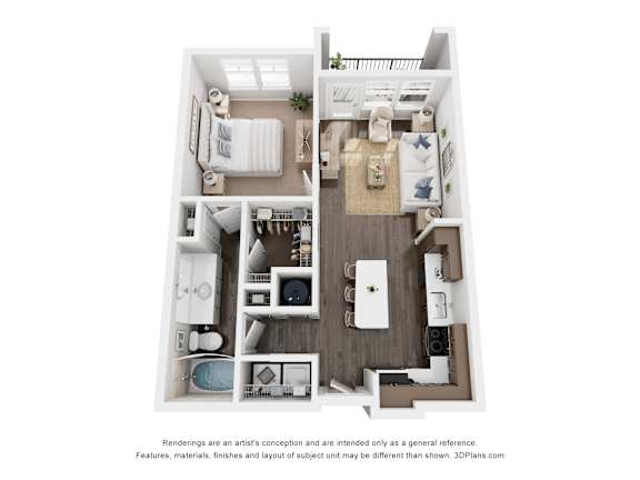 A 3D floor plan of a small apartment with a kitchen, living room, and bathroom.