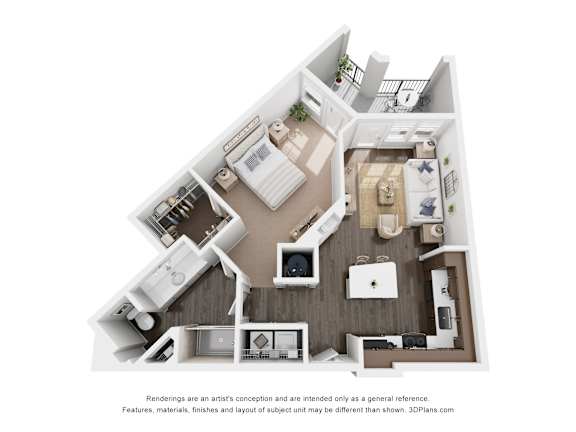 A 3D floor plan of a house with a kitchen, living room, and two bedrooms.