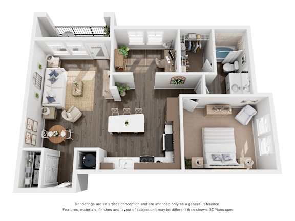 A 3D floor plan of a house with a kitchen, living room, and bedrooms.