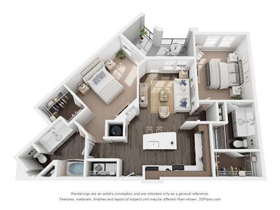 A 3D floor plan of a house with a kitchen, living room, and bathrooms.