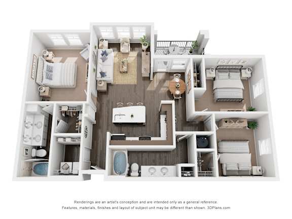 A 3D floor plan of a house with a kitchen, living room, and two bedrooms.