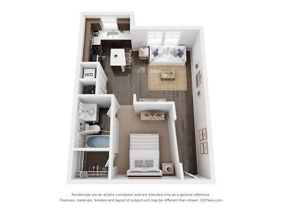 A 3D floor plan of a small apartment with a kitchen, living room, and bedroom.