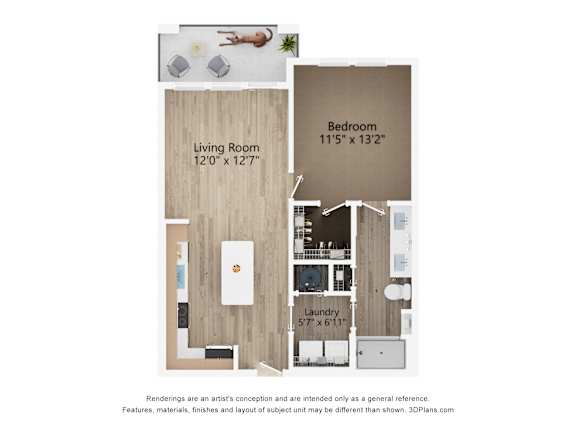 2D dimensional floor plan of a 1BR 1BA apartment at Tapestry Nona Apartments in Orlando, FL