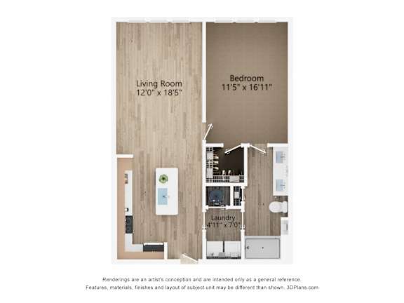 2D dimensional floor plan of a 1BR 1BA apartment at Tapestry Nona Apartments in Orlando, FL
