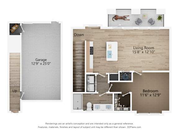 2D dimensional floor plan of a 1BR 1BA apartment with ground floor garage at Tapestry Nona Apartments in Orlando, FL
