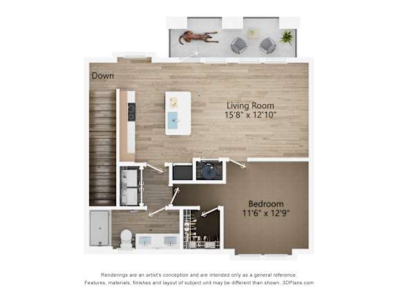 2D dimensional floor plan of a 1BR 1BA apartment at Tapestry Nona Apartments in Orlando, FL