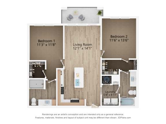 2D dimensional floor plan of a 2BR 2BA apartment at Tapestry Nona Apartments in Orlando, FL