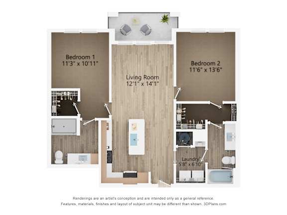2D dimensional floor plan of a 2BR 2BA apartment at Tapestry Nona Apartments in Orlando, FL