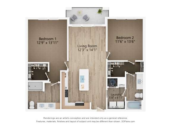 2D dimensional floor plan of a 2BR 2BA apartment at Tapestry Nona Apartments in Orlando, FL
