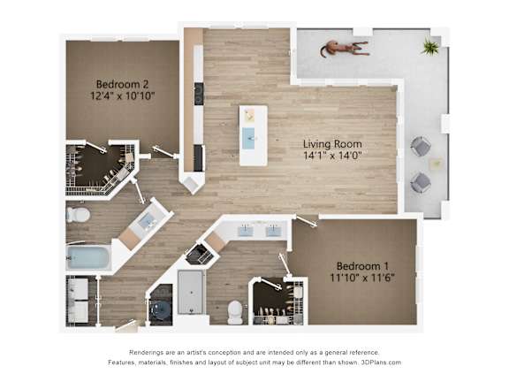 2D dimensional floor plan of a 2BR 2BA apartment at Tapestry Nona Apartments in Orlando, FL