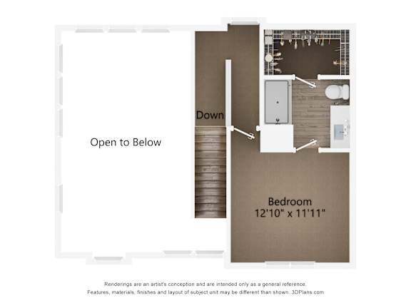 upper floor 2D dimensional floor plan of a 2BR 2BA townhouse with ground floor garage at Tapestry Nona Apartments in Orlando, FL