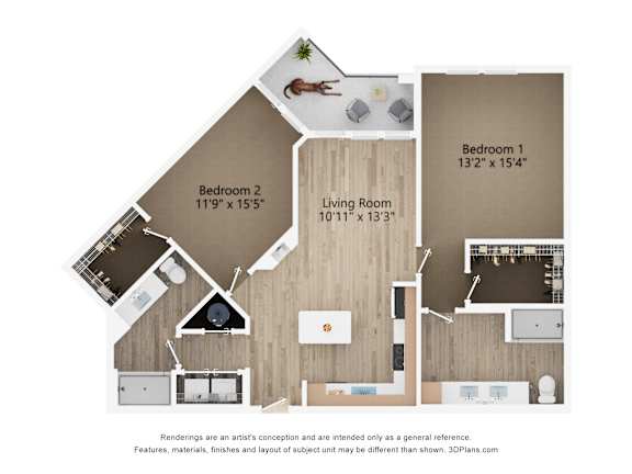2D dimensional floor plan of a 2BR 2BA apartment at Tapestry Nona Apartments in Orlando, FL