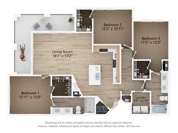 2D dimensional floor plan of a 3BR 2BA apartment at Tapestry Nona Apartments in Orlando, FL