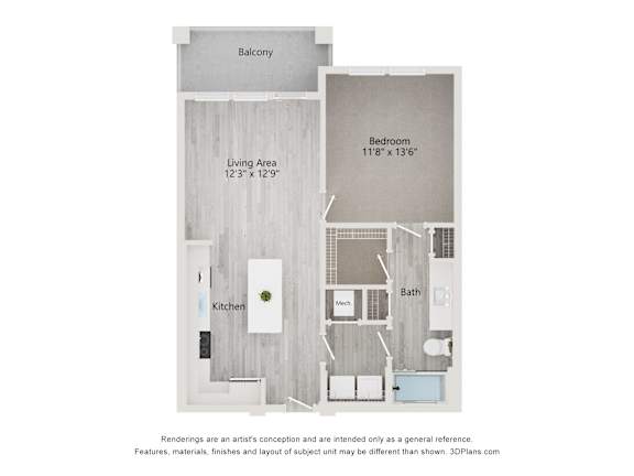dimensional floor plan of a 1-bedroom apartment with 1 bathroom at Tapestry Palmera Apartments in St. Augustine, FL