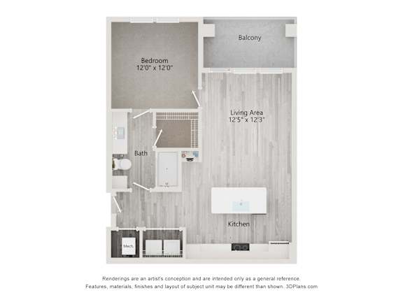 dimensional Floor Plan of a 1-Bedroom Apartment with 1 Bathroom at Tapestry Palmera