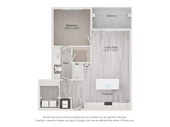 dimensional floor plan of a 1-bedroom apartment with 1 bathroom at Tapestry Palmera Apartments in St. Augustine, FL