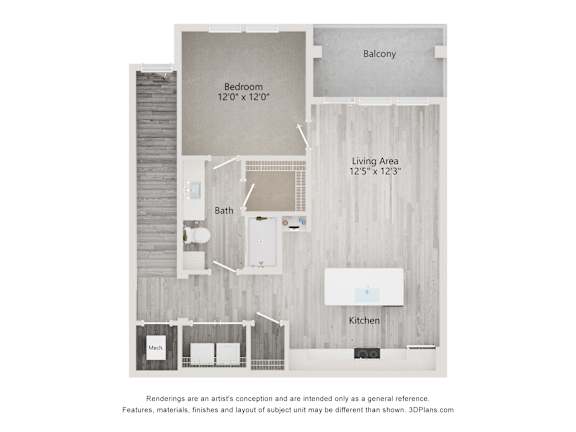 dimensional floor plan of a 1-bedroom apartment with 1 bathroom at Tapestry Palmera Apartments in St. Augustine, FL