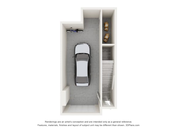 rendering of a first floor garage of an apartment with one bedroom and one bathroom at Tapestry Palmera in St. Augustine, FL