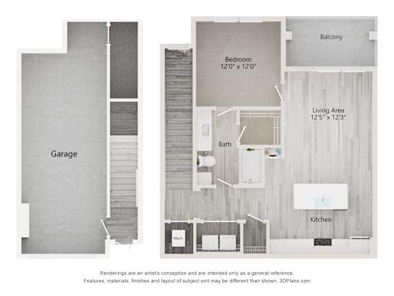 A floor plan of a house with a garage, living area, kitchen, and bathroom.