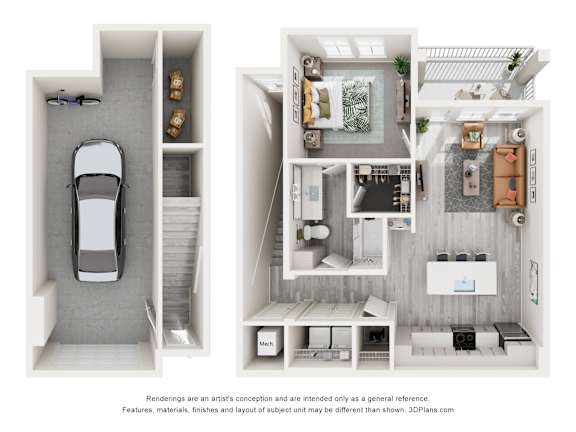 Palma floor plan with one bedroom, one bathroom, and attached garage at Tapestry Palmera apartments.