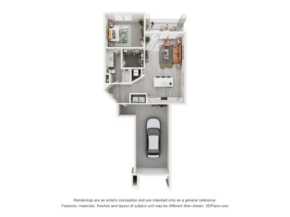 3-D floor plan of a one-bedroom, one-bathroom apartment with a garage* (select homes) at Tapestry Palmera in St. Augustine, FL