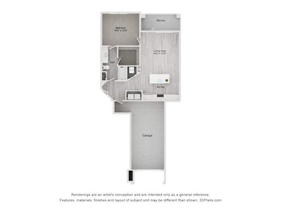 dimensional floor plan of a one-bedroom, one-bathroom apartment with a garage at Tapestry Palmera in St. Augustine, FL