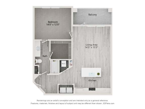 dimensional floor plan of a 1-bedroom apartment with 1 bathroom at Tapestry Palmera Apartments in St. Augustine, FL