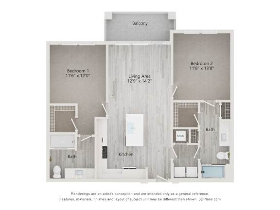 dimensional floor plan of a 2-bedroom apartment with 2 bathrooms at Tapestry Palmera Apartments in St. Augustine, FL