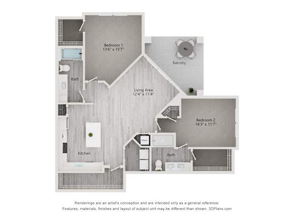 dimensional floor plan of a 2-bedroom apartment with 2 bathrooms at Tapestry Palmera Apartments in St. Augustine, FL