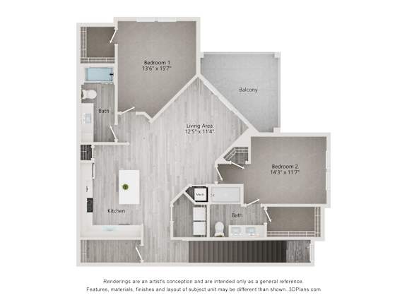 dimensional floor plan of a 2-bedroom apartment with 2 bathrooms at Tapestry Palmera Apartments in St. Augustine, FL