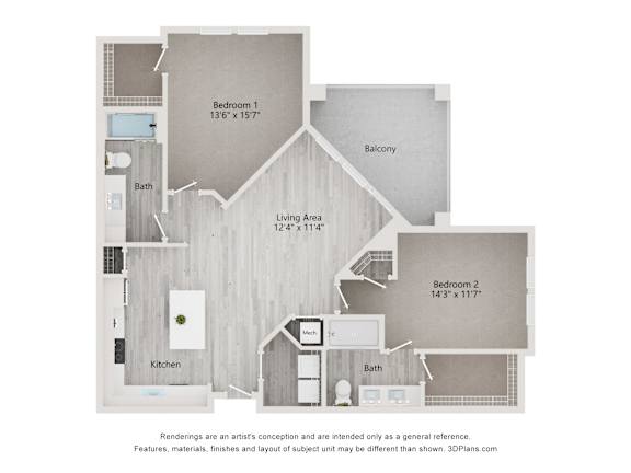 dimensional floor plan of a 2-bedroom apartment with 2 bathrooms at Tapestry Palmera Apartments in St. Augustine, FL