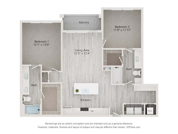 dimensional floor plan of a 2-bedroom apartment with 2 bathrooms at Tapestry Palmera Apartments in St. Augustine, FL