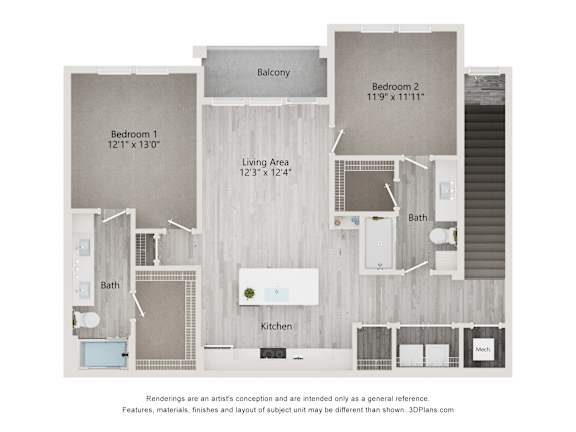 dimensional floor plan of a 2-bedroom apartment with 2 bathrooms at Tapestry Palmera Apartments in St. Augustine, FL
