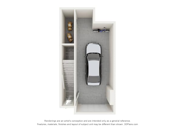 A car is parked in a narrow garage space.