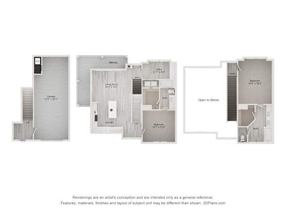Dimensional Floor Plan of a 3-story, 2-Bedroom Townhouse at Tapestry Palmera in St. Augustine, FL