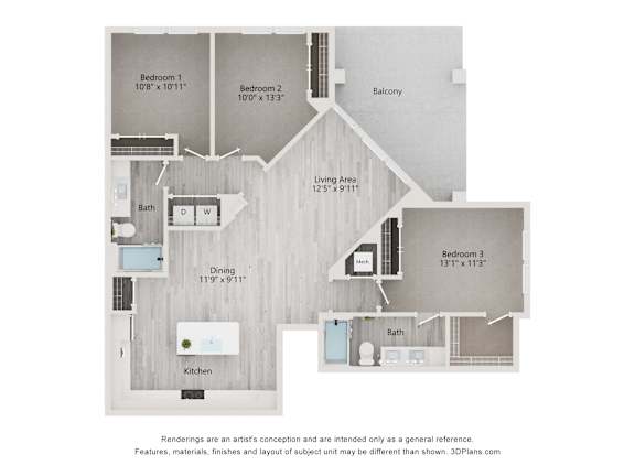 dimensional floor plan of a 3-bedroom apartment with 2 bathrooms at Tapestry Palmera Apartments in St. Augustine, FL