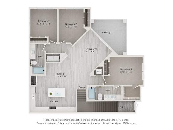 dimensional floor plan of a 3-bedroom apartment with 2 bathrooms at Tapestry Palmera Apartments in St. Augustine, FL