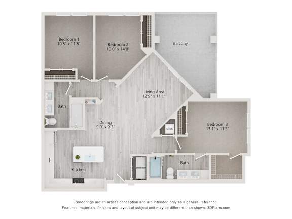 dimensional floor plan of a 3-bedroom apartment with 2 bathrooms at Tapestry Palmera Apartments in St. Augustine, FL